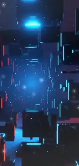 Futuristic neon tunnel with glowing blue and red cubes, creating a digital, sci-fi aesthetic.