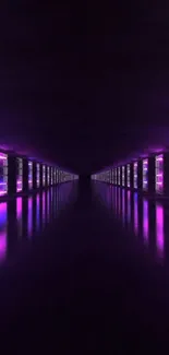 Futuristic neon-lit tunnel with purple and pink lights reflecting on dark surface.