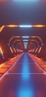 Futuristic neon tunnel with orange and blue lights.