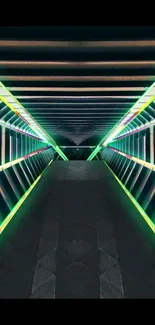 Futuristic neon tunnel with vibrant lights and dark geometric shapes.