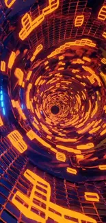 Futuristic neon tunnel with glowing orange and blue digital lights.