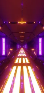 Futuristic neon tunnel with glowing purple and orange lights.