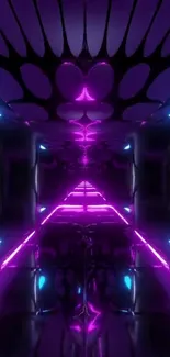 Futuristic neon tunnel with purple lights and shadows.