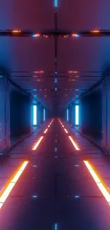 Futuristic neon tunnel with orange and blue lighting, perfect for mobile wallpaper.