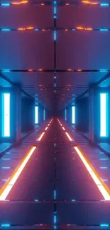 Futuristic neon tunnel with blue and orange lights creating depth illusion.