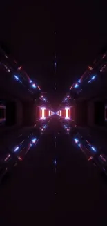 Futuristic neon tunnel wallpaper with glowing lights and reflections.