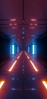 Futuristic neon tunnel with blue and orange lights.