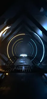 Futuristic neon tunnel with glowing blue and orange lights.