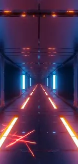 Futuristic neon-lit tunnel with blue and orange hues.