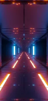 Futuristic neon tunnel with blue and orange lights.