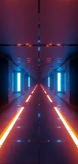 Futuristic neon tunnel with blue and orange glowing lights.