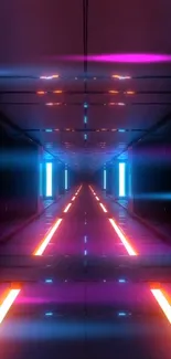 Futuristic neon tunnel wallpaper with vibrant glowing lights and reflections.