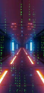 Futuristic neon tunnel wallpaper with digital green code.