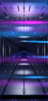 Futuristic neon tunnel with blue and purple lights.