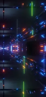 Futuristic neon tunnel wallpaper with blue, orange, and green lights.