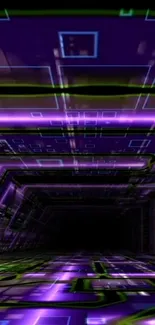 Futuristic neon tunnel with glowing purple and green elements.