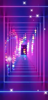 Futuristic neon tunnel with geometric designs and vibrant colors.