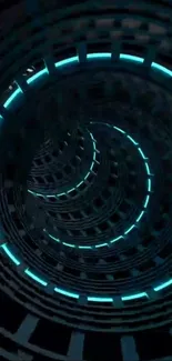 Futuristic neon tunnel with spiraling teal lights on a dark background.