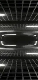 Futuristic dark tunnel with neon lights and grid pattern.