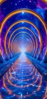 Futuristic neon tunnel with vibrant reflections.