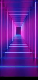 Futuristic neon tunnel with pink and blue light lines.