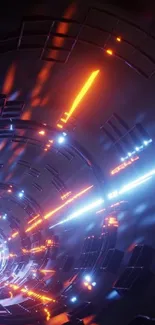 Futuristic neon tunnel with orange and blue light effects.