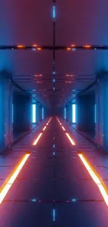 Futuristic neon tunnel with blue and orange glowing lights.