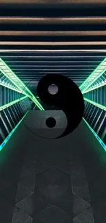 Neon futuristic tunnel with yin-yang symbol.