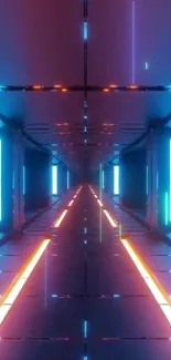 Futuristic neon tunnel with blue and orange lights creating a sci-fi ambiance.