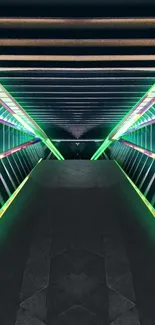 Futuristic neon tunnel with vivid green hues and dynamic design.