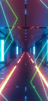 Futuristic neon tunnel wallpaper with geometric patterns and glowing neon lights.