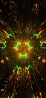 Futuristic neon tunnel wallpaper with orange and green lights for mobile.