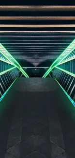 Futuristic neon green tunnel mobile wallpaper with geometric lines.