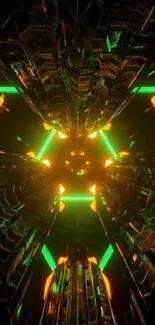 Futuristic neon tunnel with green and orange lights in 3D design.