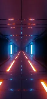 Futuristic neon-lit tunnel with vibrant blue and orange lights.