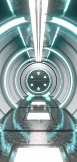 Futuristic neon tunnel with glowing turquoise lights.