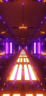 Futuristic neon tunnel with glowing purple and yellow lights.