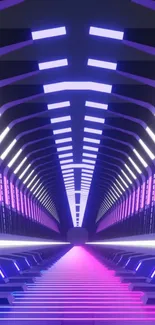 Futuristic neon tunnel with vibrant purple, pink, and blue lights.