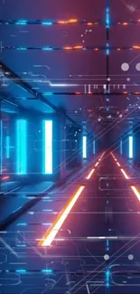 Futuristic neon tunnel wallpaper with vibrant blue and orange hues.