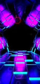 Futuristic neon tunnel with purple and blue lights, ideal for modern screens.