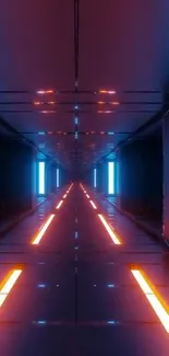 Futuristic neon tunnel with vibrant blue and orange lights.