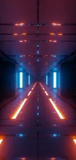 Futuristic neon tunnel with blue and orange lights.