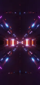 Futuristic neon tunnel with vibrant purple and orange lights.