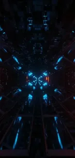 Futuristic tunnel with neon blue lights and geometric design.