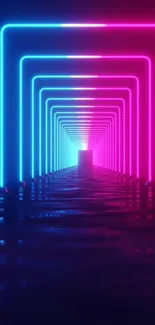 Futuristic neon tunnel illuminated in pink and blue hues for a modern aesthetic.