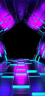 Futuristic neon tunnel with purple and blue hues.