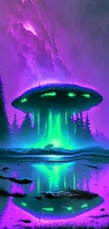 Neon landscape with UFO hovering in a mystical, purple night sky.