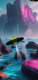 Futuristic scene with alien spaceships and mystical city.