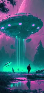 Neon UFO hovering in a misty forest at night.