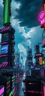 Futuristic cityscape with neon lights and skyscrapers.